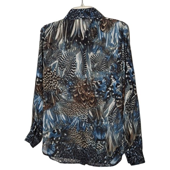 Lavender & Honey sheer long sleeve button up feather animal print blouse size M - Picture 8 of 8